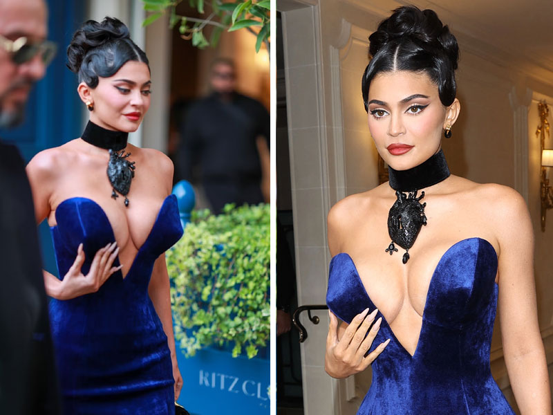Kylie Jenner turns heads in plunging blue gown