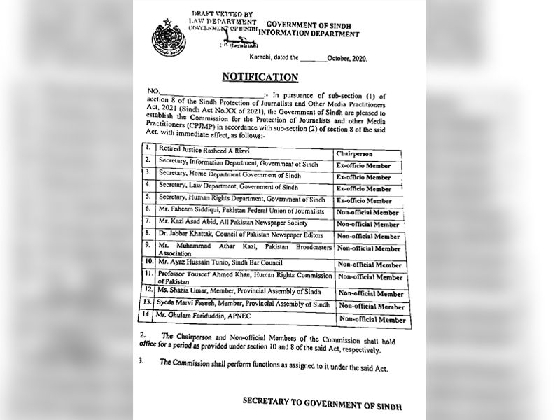 Sindh govt nods setting up commission for protection of journalists, media practitioners
